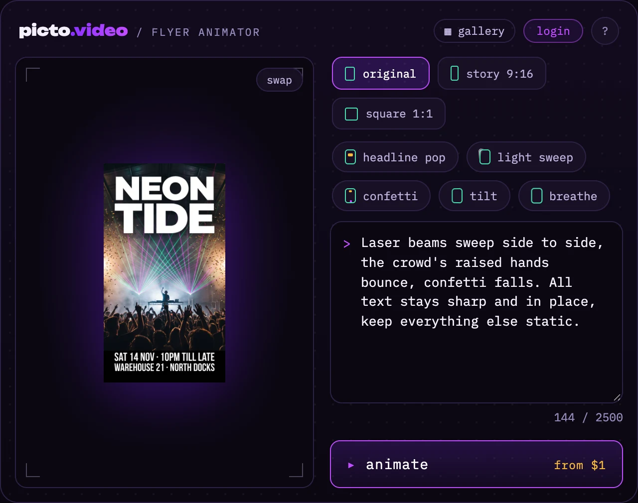 The uploaded flyer next to the motion presets and the prompt box, with the presets and the prompt marked