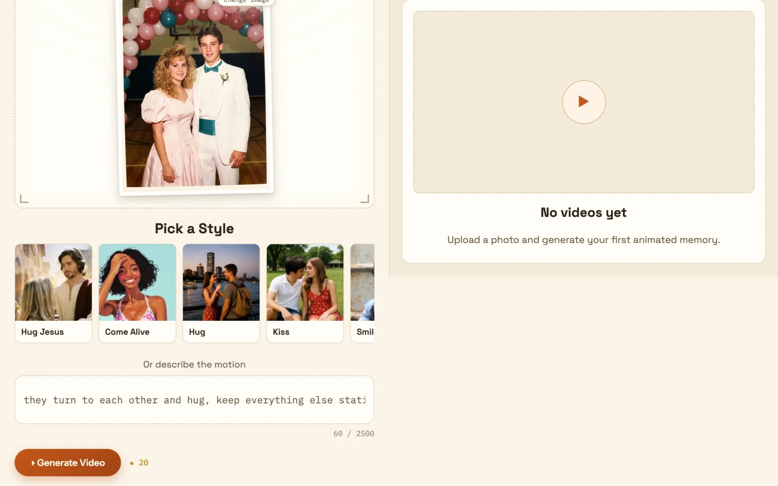 The Picto.Video web app with the motion typed into the prompt field, above the Generate Video button