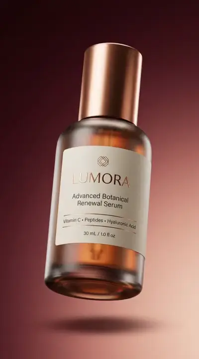 Still product shot of a serum bottle